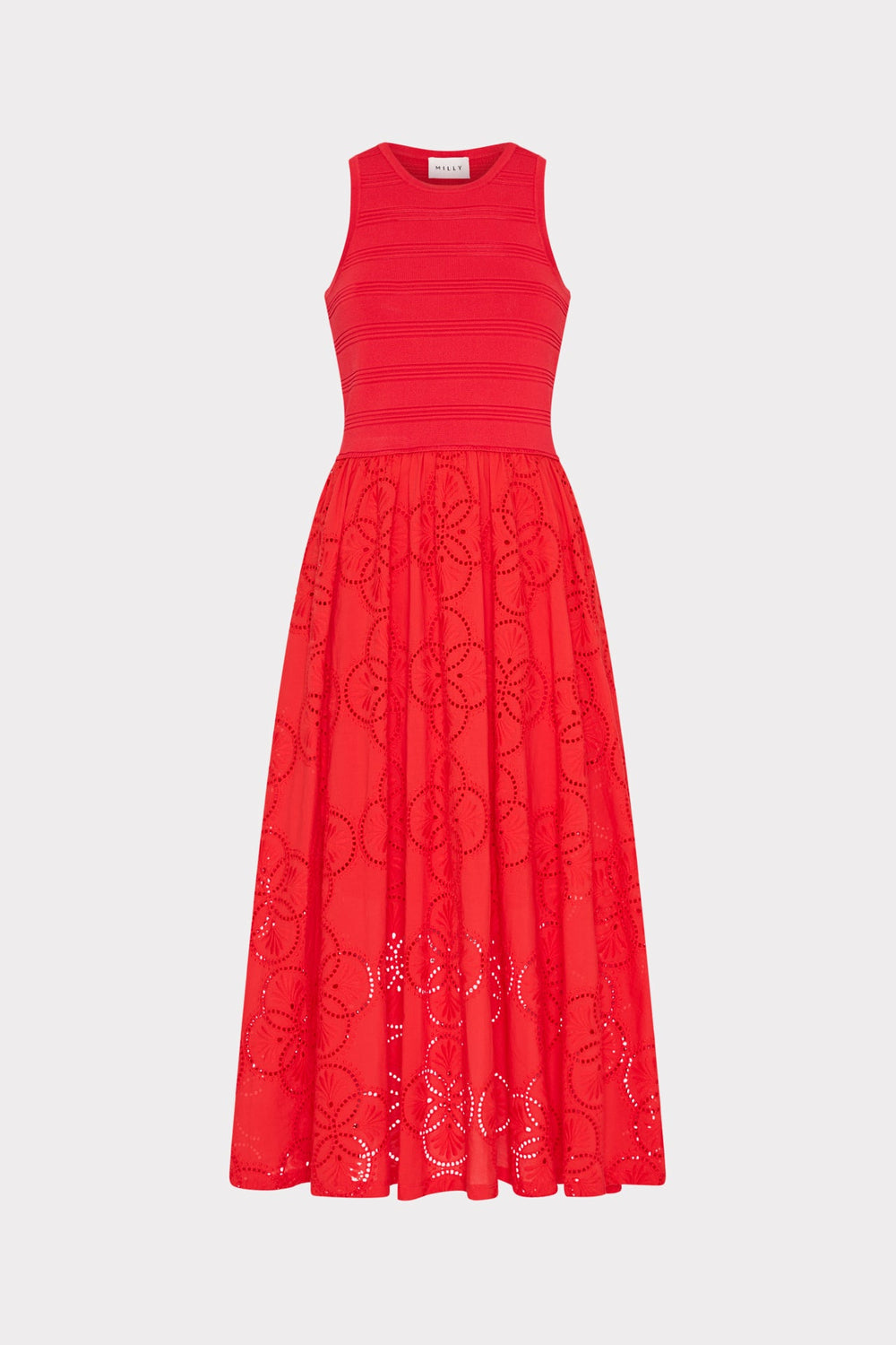 Geo Eyelet Knit Combo Midi Dress Red | Milly Women