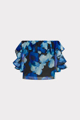Watercolor Petals Organza Ruffle Top Blue Multi | Milly Women