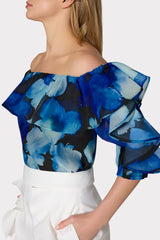 Watercolor Petals Organza Ruffle Top Blue Multi | Milly Women