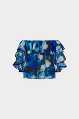 Watercolor Petals Organza Ruffle Top Blue Multi | Milly Women