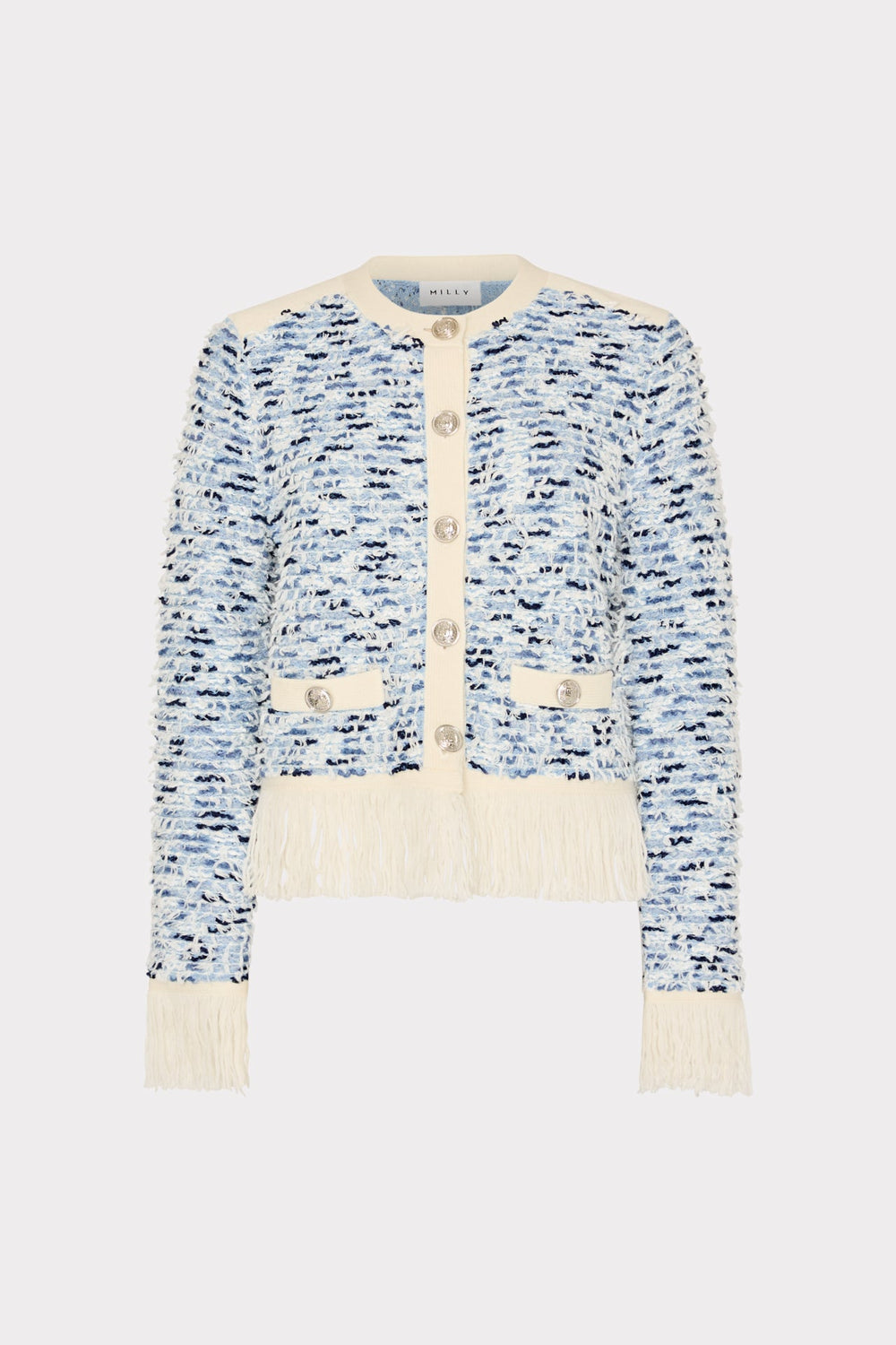 Textured Fringe Trim Cardigan Blue Multi | Milly Women