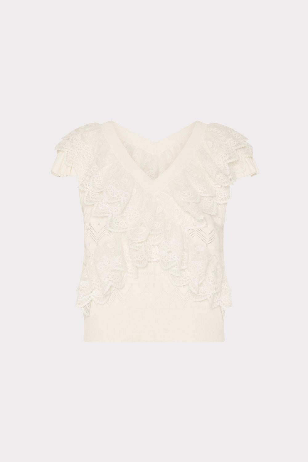 Lace Ruffle Knit V-Neck Top Ecru | Milly Women