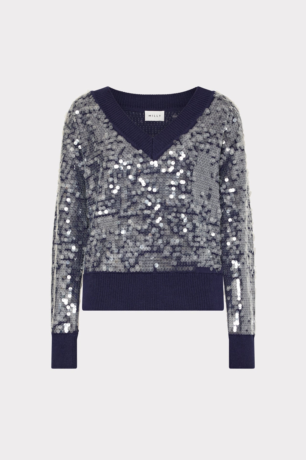 Ilaria Sequin V-Neck Sweater Navy | Milly Women