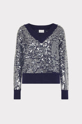Ilaria Sequin V-Neck Sweater Navy | Milly Women
