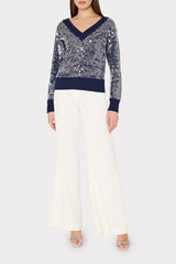 Ilaria Sequin V-Neck Sweater Navy | Milly Women