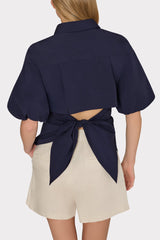 Tie Back Poplin Button Down Shirt Navy | Milly Women