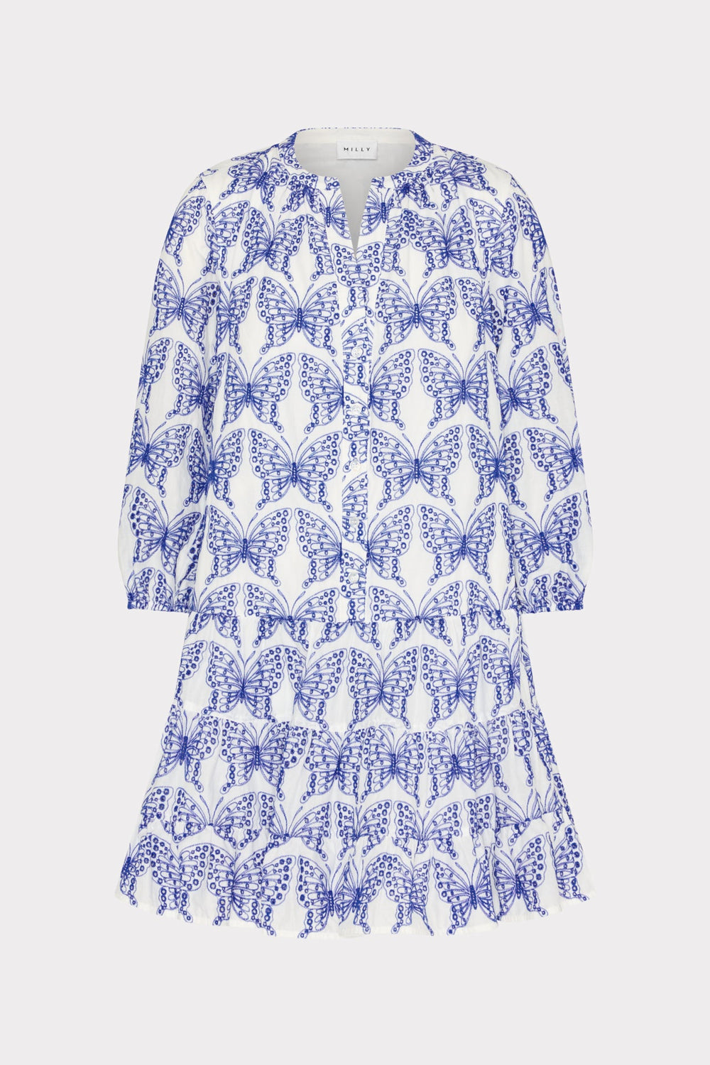 Tiered Butterfly Eyelet Mini Dress White/Blue | Milly Women