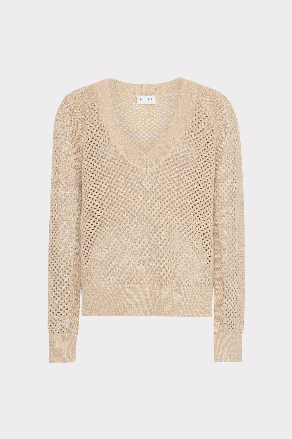 Sequin Mesh V-Neck Sweater Beige | Milly Women