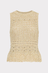 Beaded Fringe Knit Top Beige Multi | Milly Women