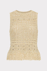 Beaded Fringe Knit Top Beige Multi | Milly Women
