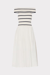 Off The Shoulder Stripe Knit Poplin Midi Dress Ecru/Navy | Milly Women