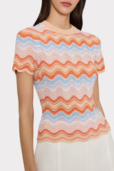 Scallop Wave Short Sleeve Top Coral Pink Multi | Milly Women