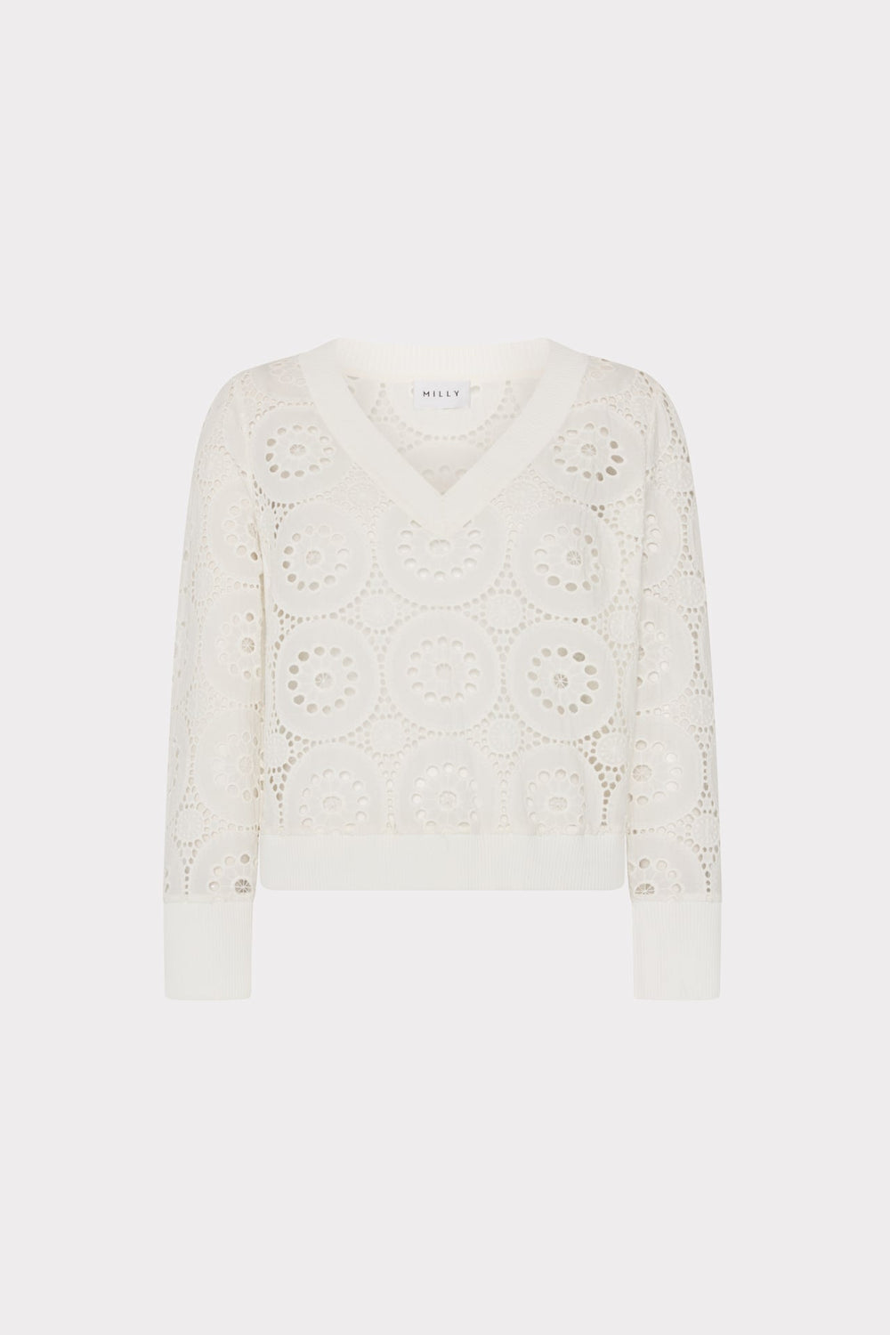 V-Neck Embroidery Knit Detail Top Ecru | Milly Women