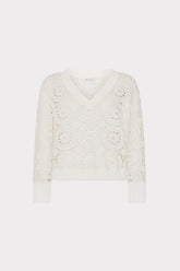 V-Neck Embroidery Knit Detail Top Ecru | Milly Women