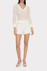 V-Neck Embroidery Knit Detail Top Ecru | Milly Women