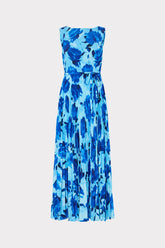 Jasmine Blurred Blossom Pleated Maxi Dress Blue Multi | Milly Women