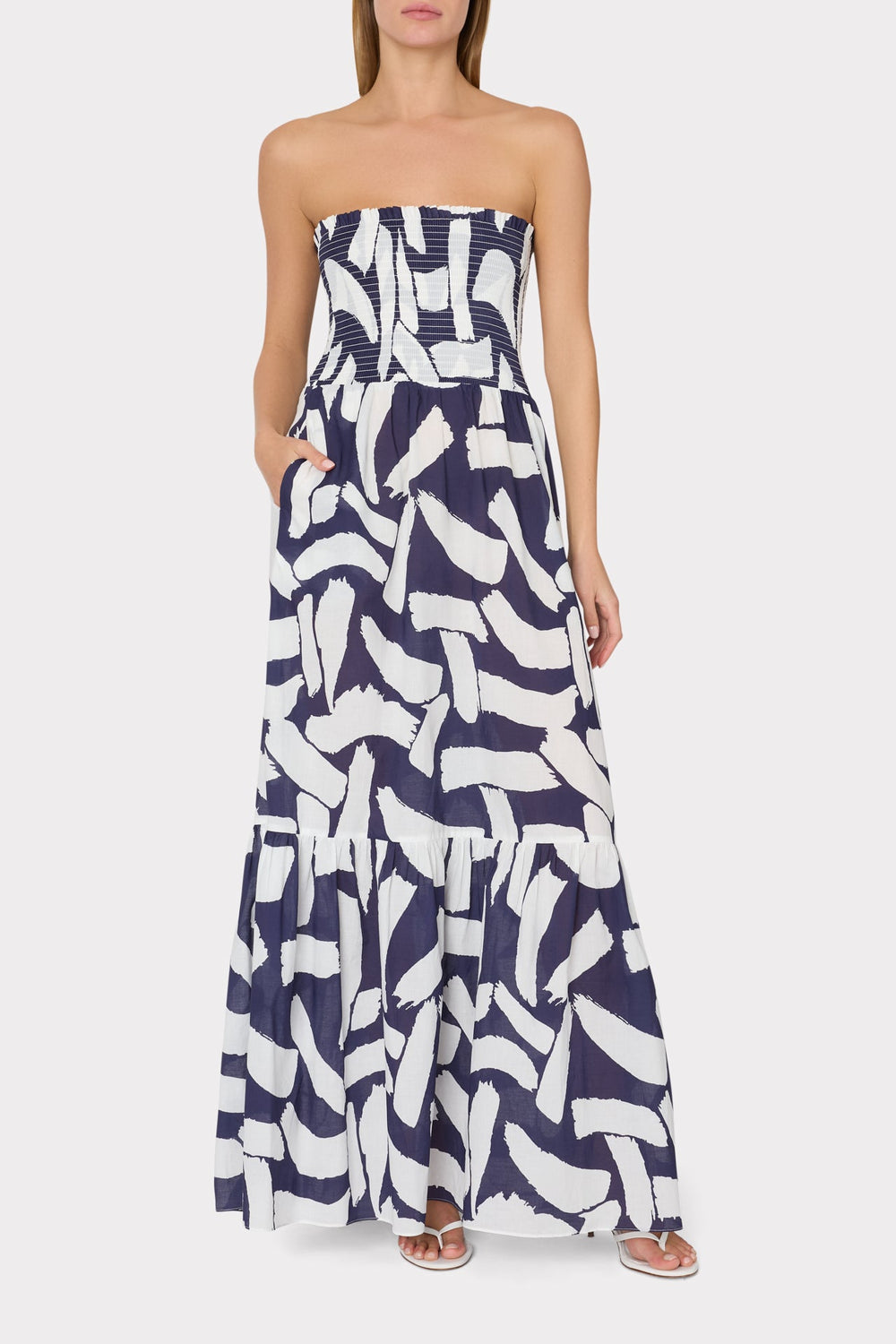 Olen Graphic Brushstroke Strapless Maxi Dress Navy/Ecru | Milly Women