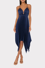 Joanna Pleated Satin Dress Navy | Milly Women