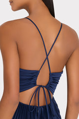 Joanna Pleated Satin Dress Navy | Milly Women