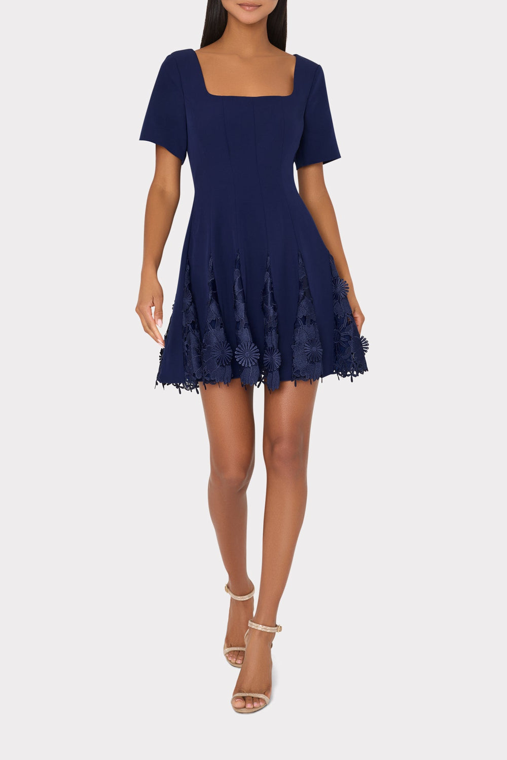 Joy Lace Combo Mini Godet Dress Navy | Milly Women
