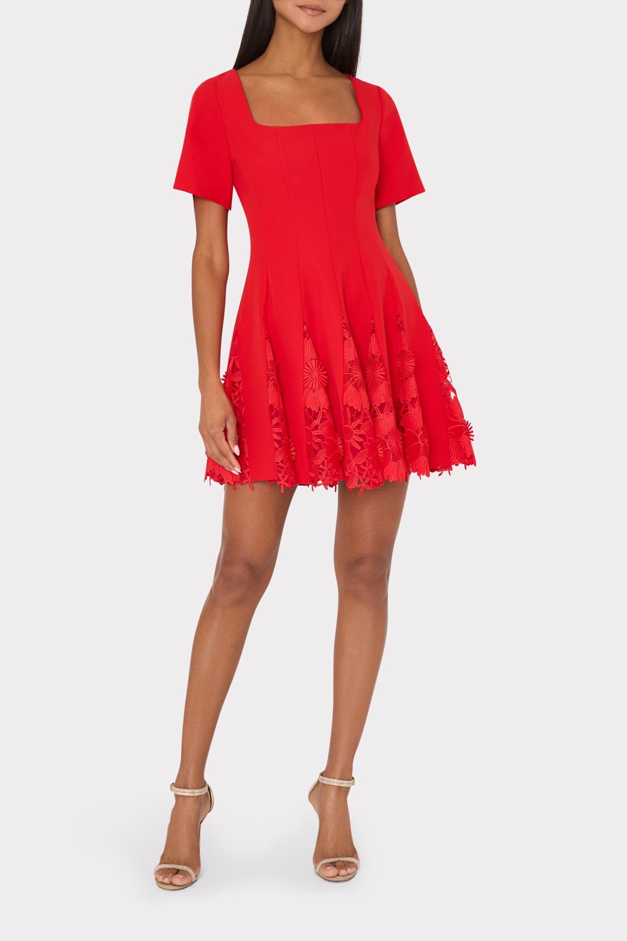 Joy Lace Combo Mini Godet Dress Red | Milly Women
