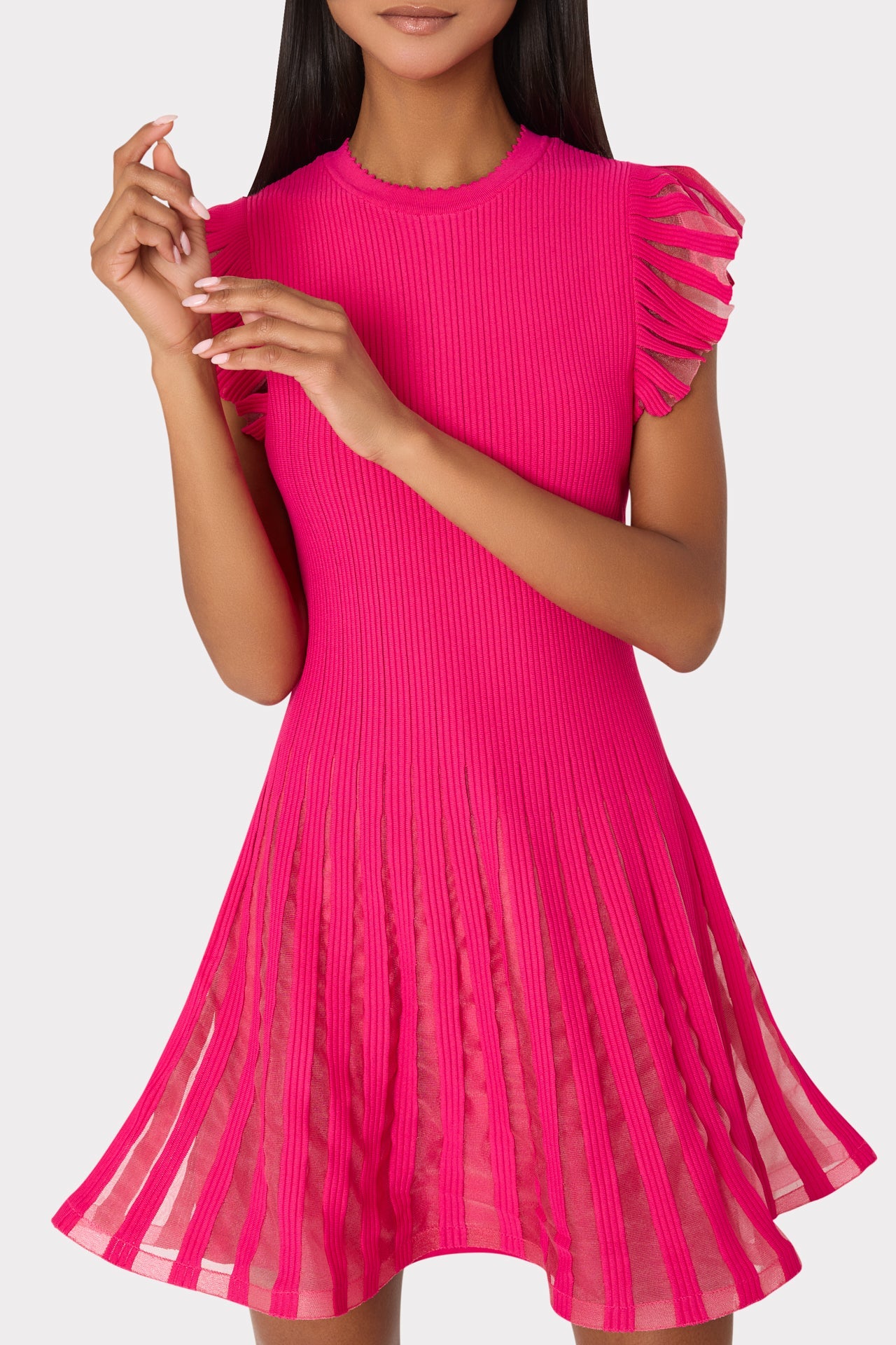 Sheer Flutter Sleeve Knit Mini Dress Pink | Milly Women