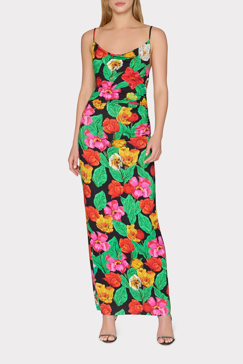 Tulip Rosette Ruched Cowl Neck Midi Dress Black Multi | Milly Women