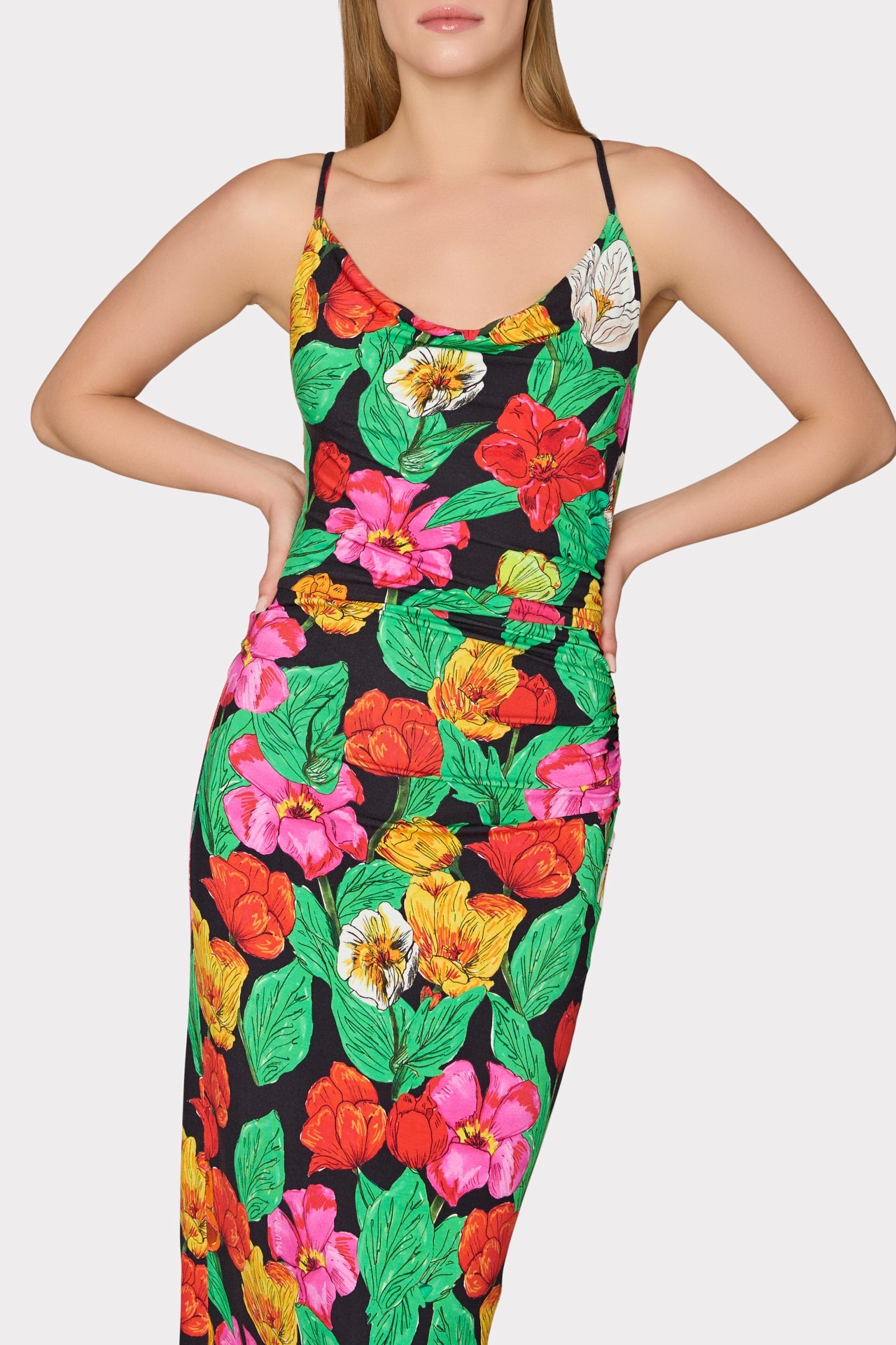 Tulip Rosette Ruched Cowl Neck Midi Dress Black Multi | Milly Women