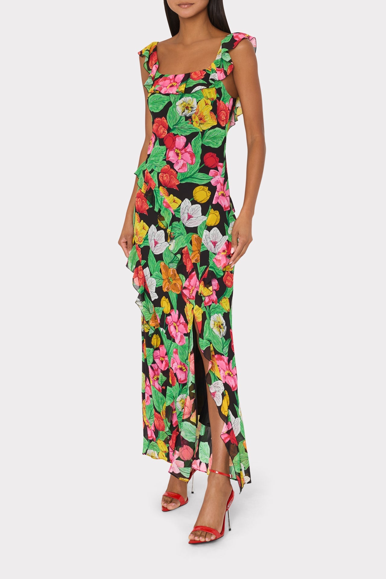 Tulip Rosette Ruffle Maxi Dress Black Multi | Milly Women