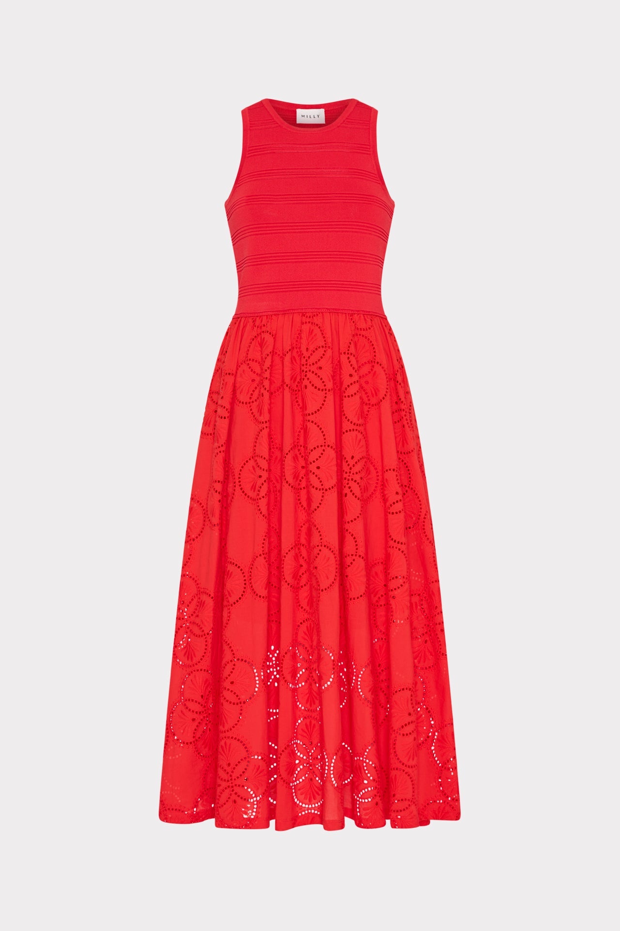 Geo Eyelet Knit Combo Midi Dress Red | Milly Women