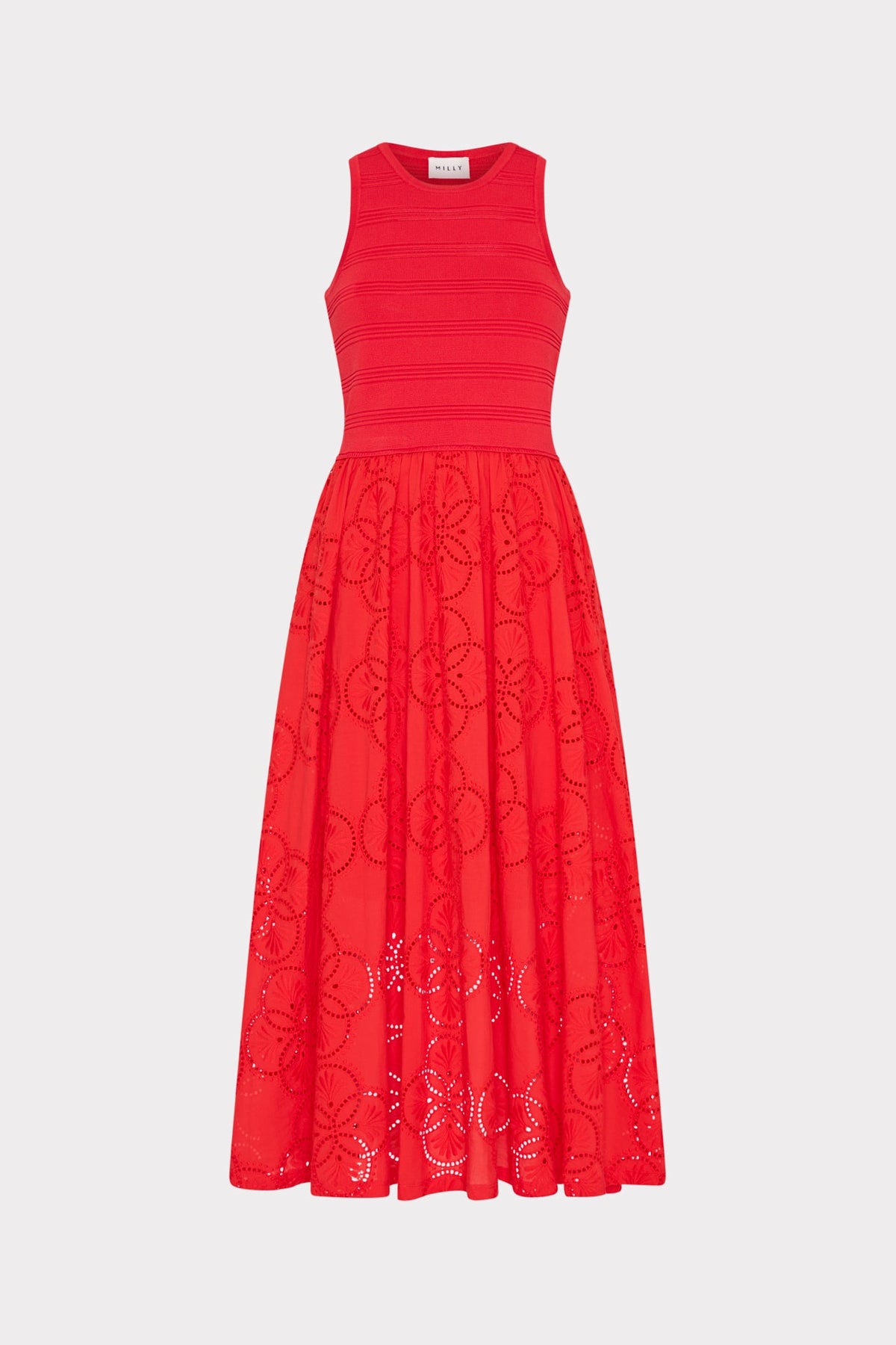 Geo Eyelet Knit Combo Midi Dress Red | Milly Women