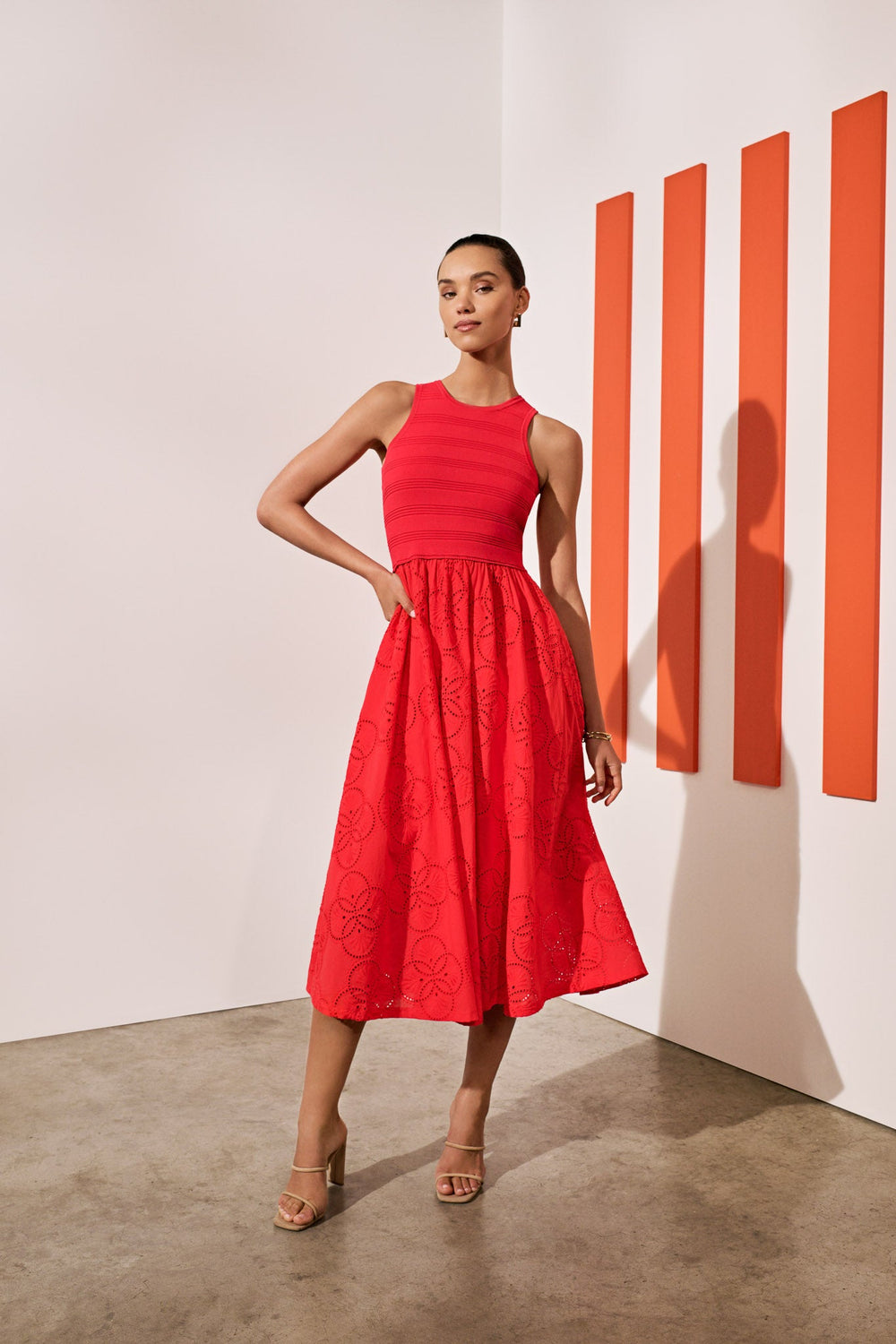 Geo Eyelet Knit Combo Midi Dress Red | Milly Women