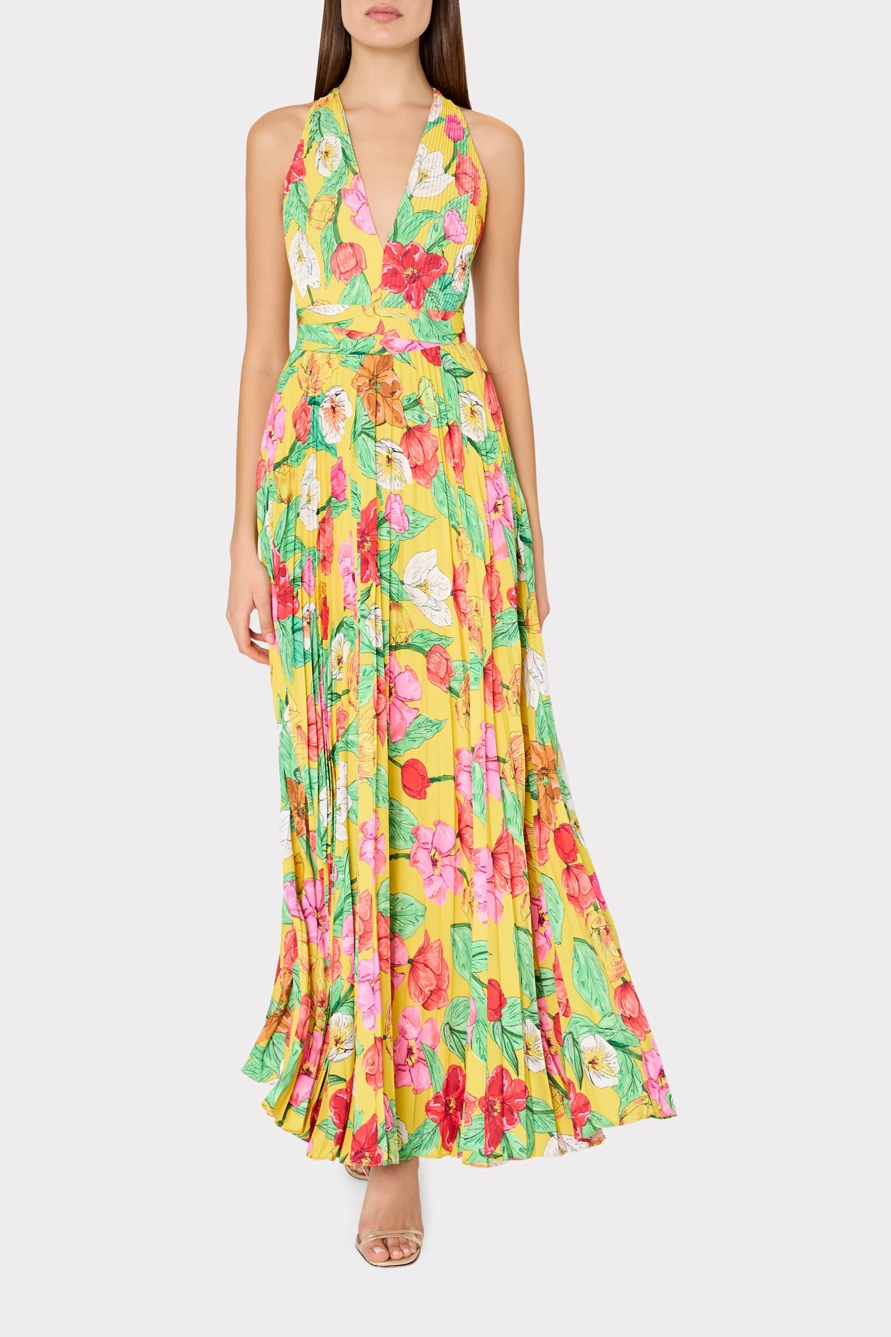 Oria Tulip Rosette Pleated Dress Yellow Multi | Milly Women