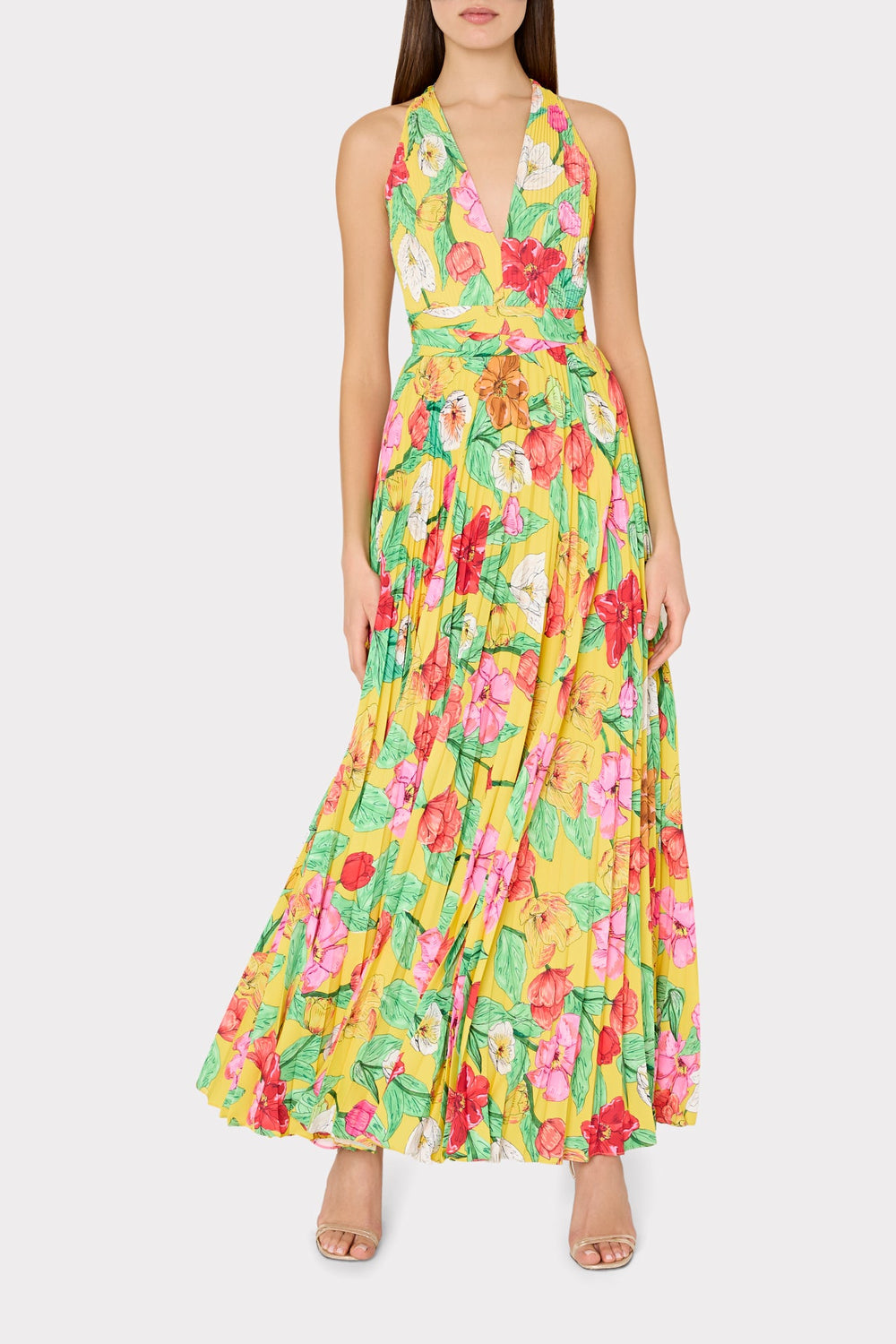 Oria Tulip Rosette Pleated Dress Yellow Multi | Milly Women