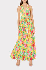Oria Tulip Rosette Pleated Dress Yellow Multi | Milly Women