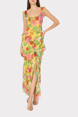 Tulip Rosette Ruffle Maxi Dress Yellow Multi | Milly Women