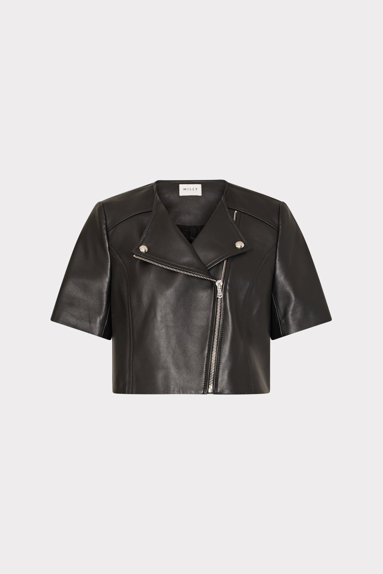 Cropped Short Sleeve Moto Jacket Black | Milly Women