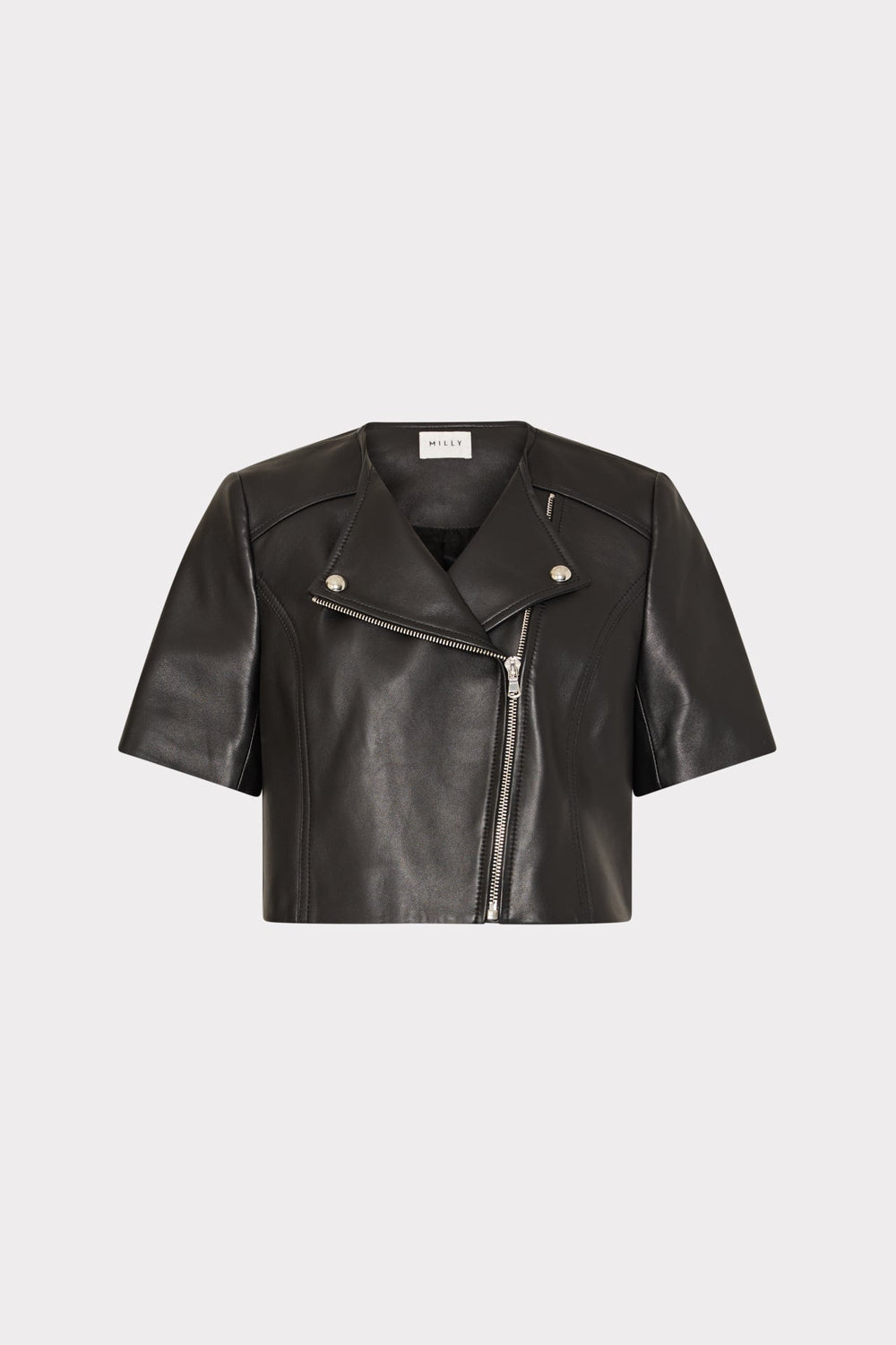 Cropped Short Sleeve Moto Jacket Black | Milly Women