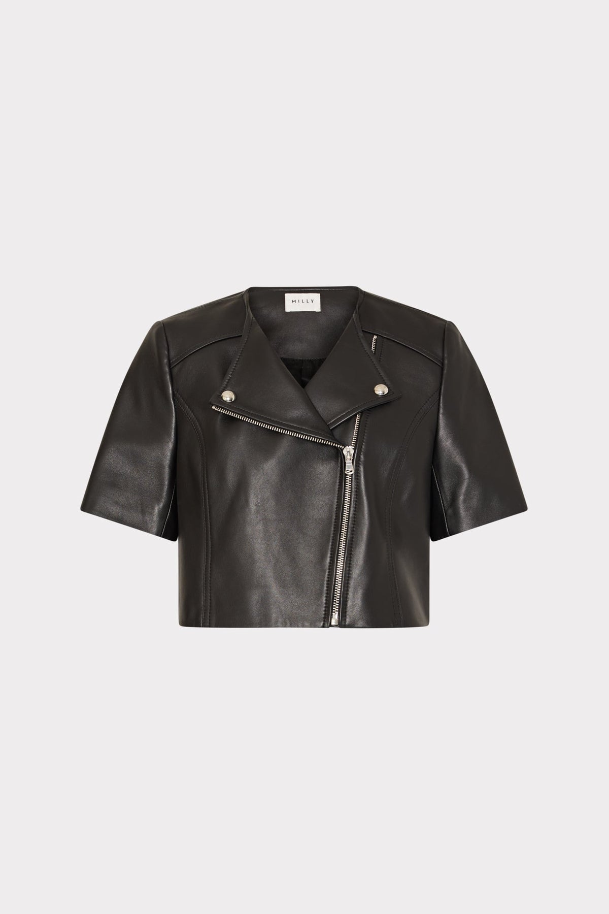 Cropped Short Sleeve Moto Jacket Black | Milly Women