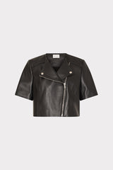 Cropped Short Sleeve Moto Jacket Black | Milly Women