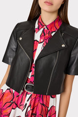 Cropped Short Sleeve Moto Jacket Black | Milly Women