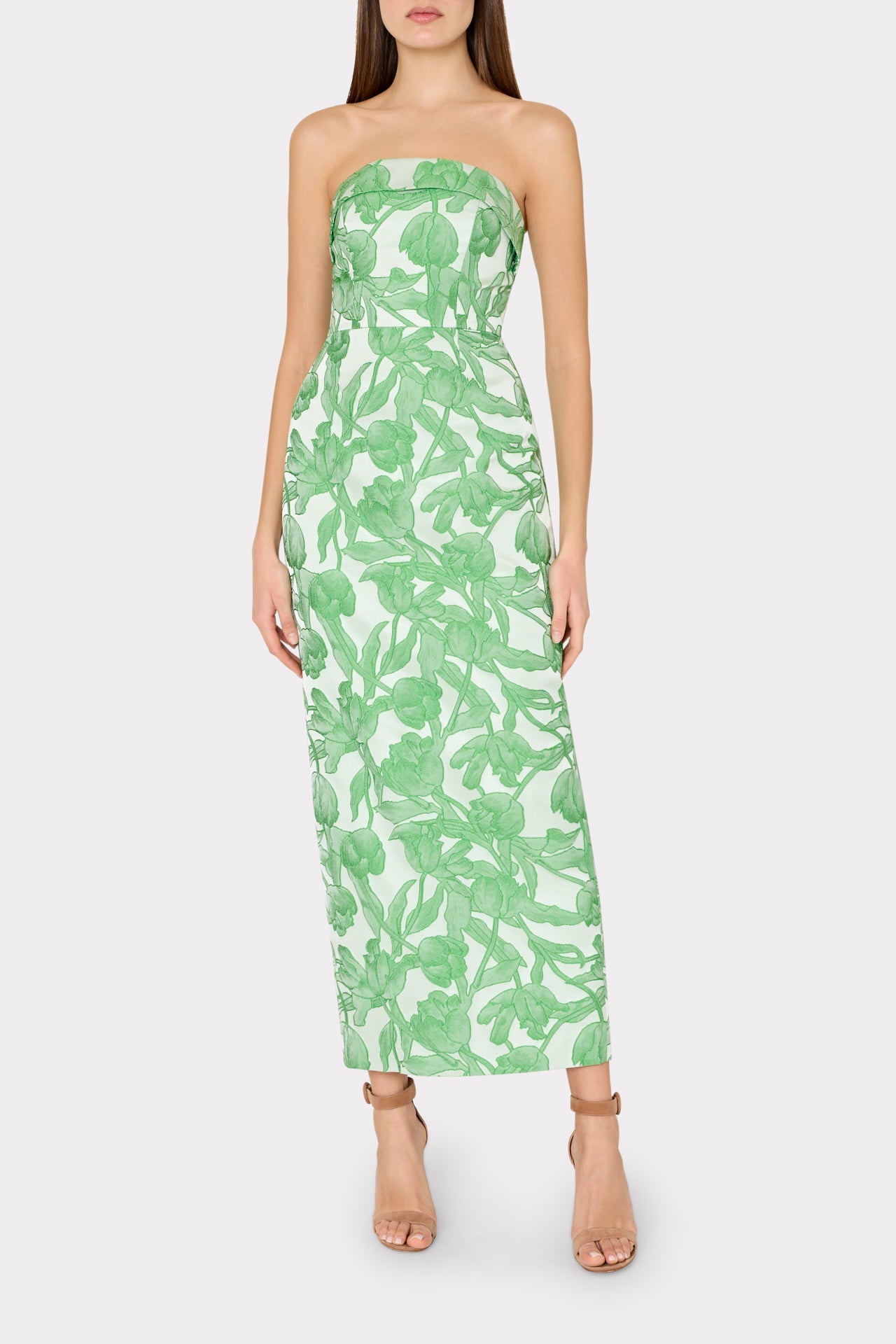 Tulip Jacquard Strapless Dress Green Multi | Milly Women
