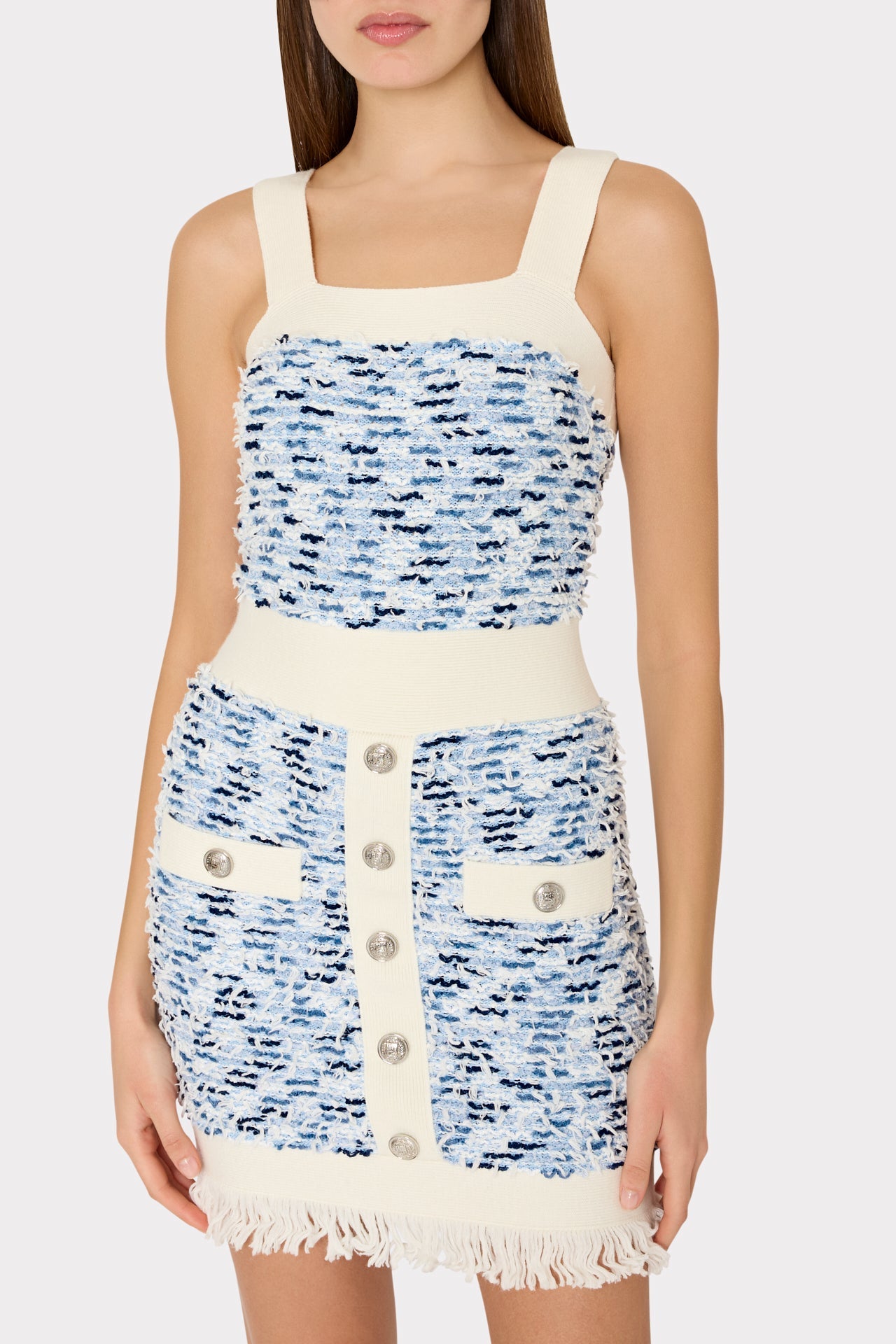 Fringed Textured Knit Mini Dress Blue Multi | Milly Women