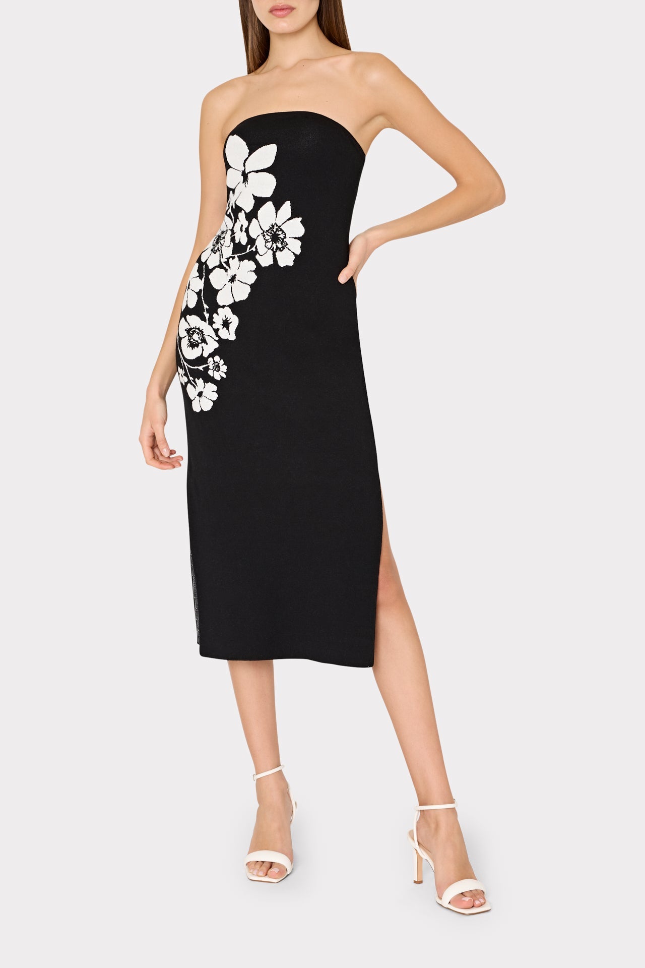 Placed Floral Strapless Knit Midi Dress Black/Ecru | Milly Women