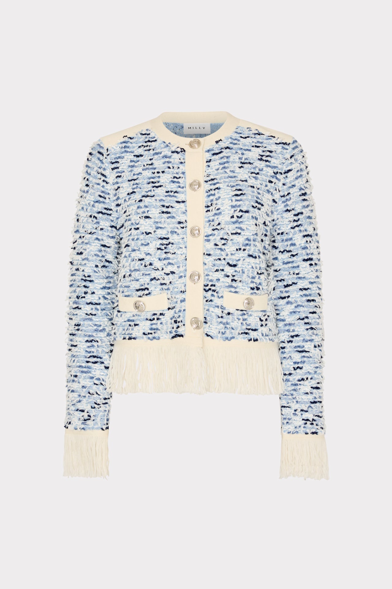 Textured Fringe Trim Cardigan Blue Multi | Milly Women