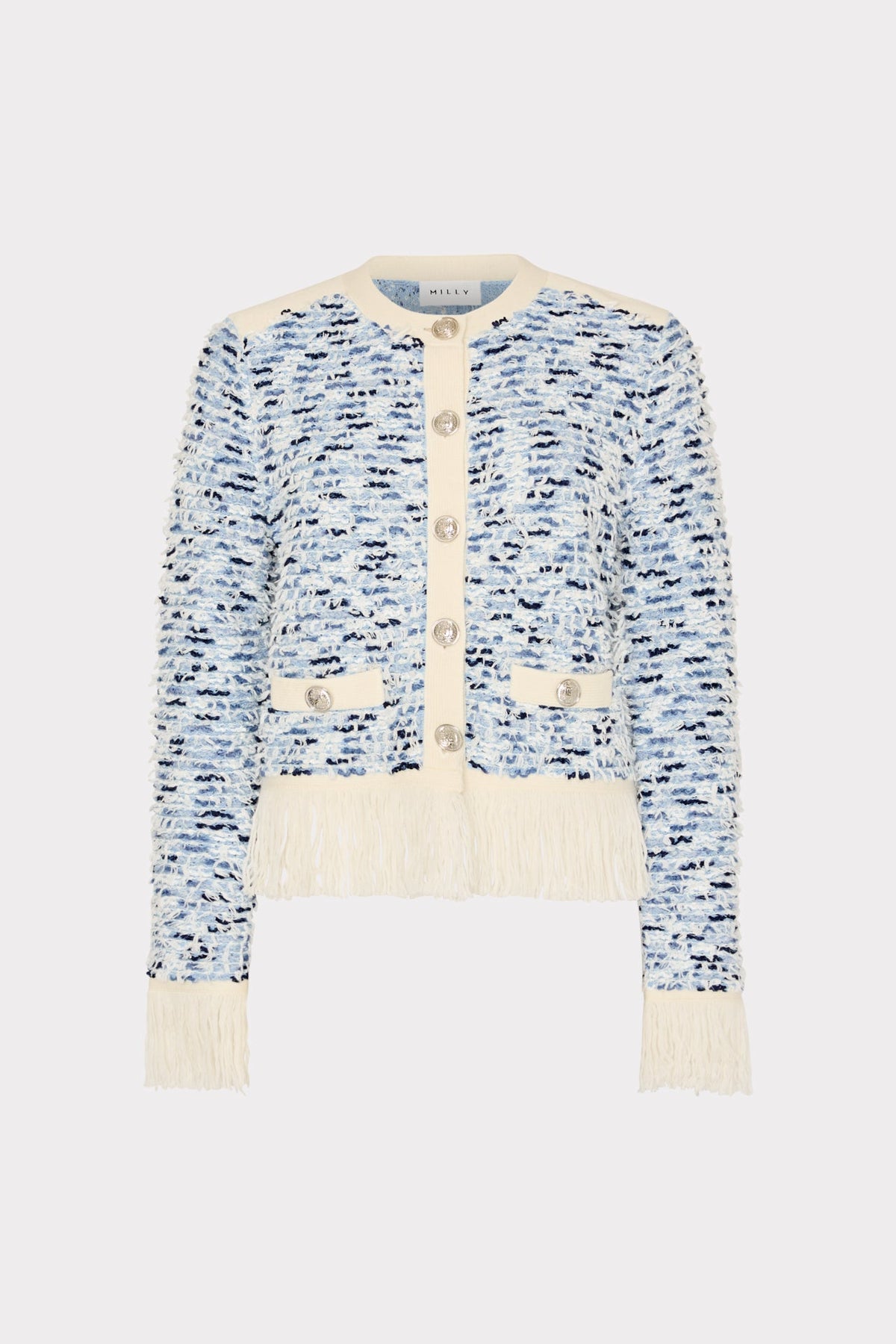 Textured Fringe Trim Cardigan Blue Multi | Milly Women
