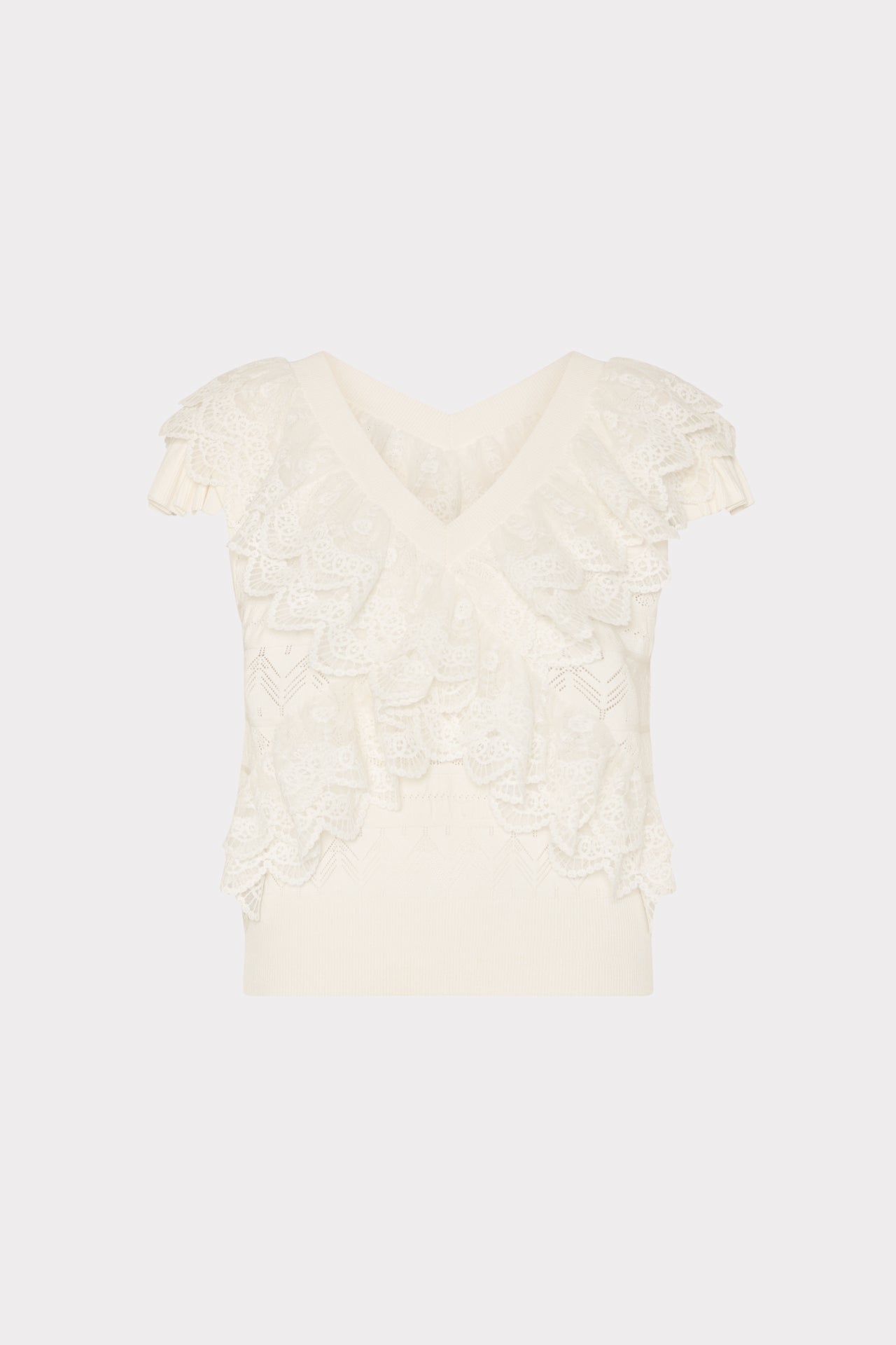 Lace Ruffle Knit V-Neck Top Ecru | Milly Women