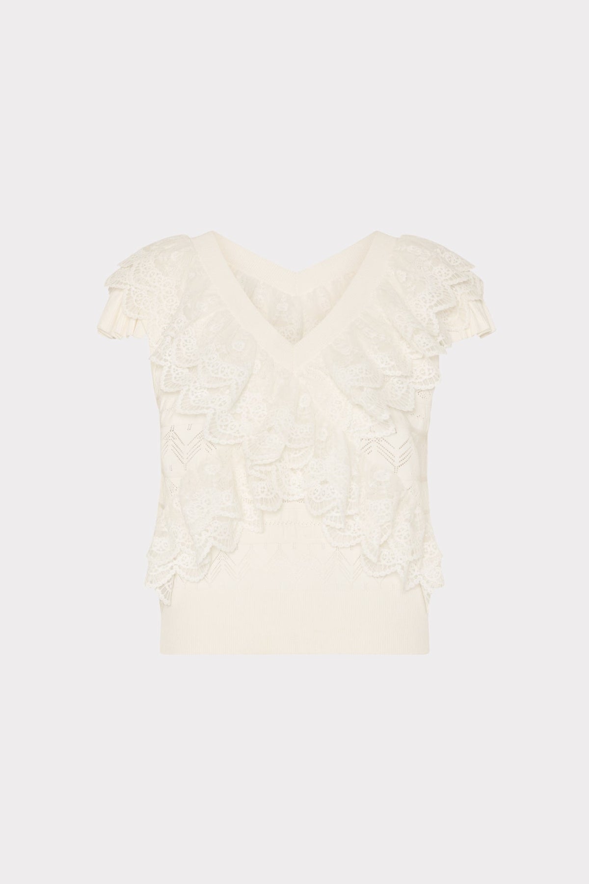 Lace Ruffle Knit V-Neck Top Ecru | Milly Women