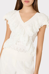 Lace Ruffle Knit V-Neck Top Ecru | Milly Women