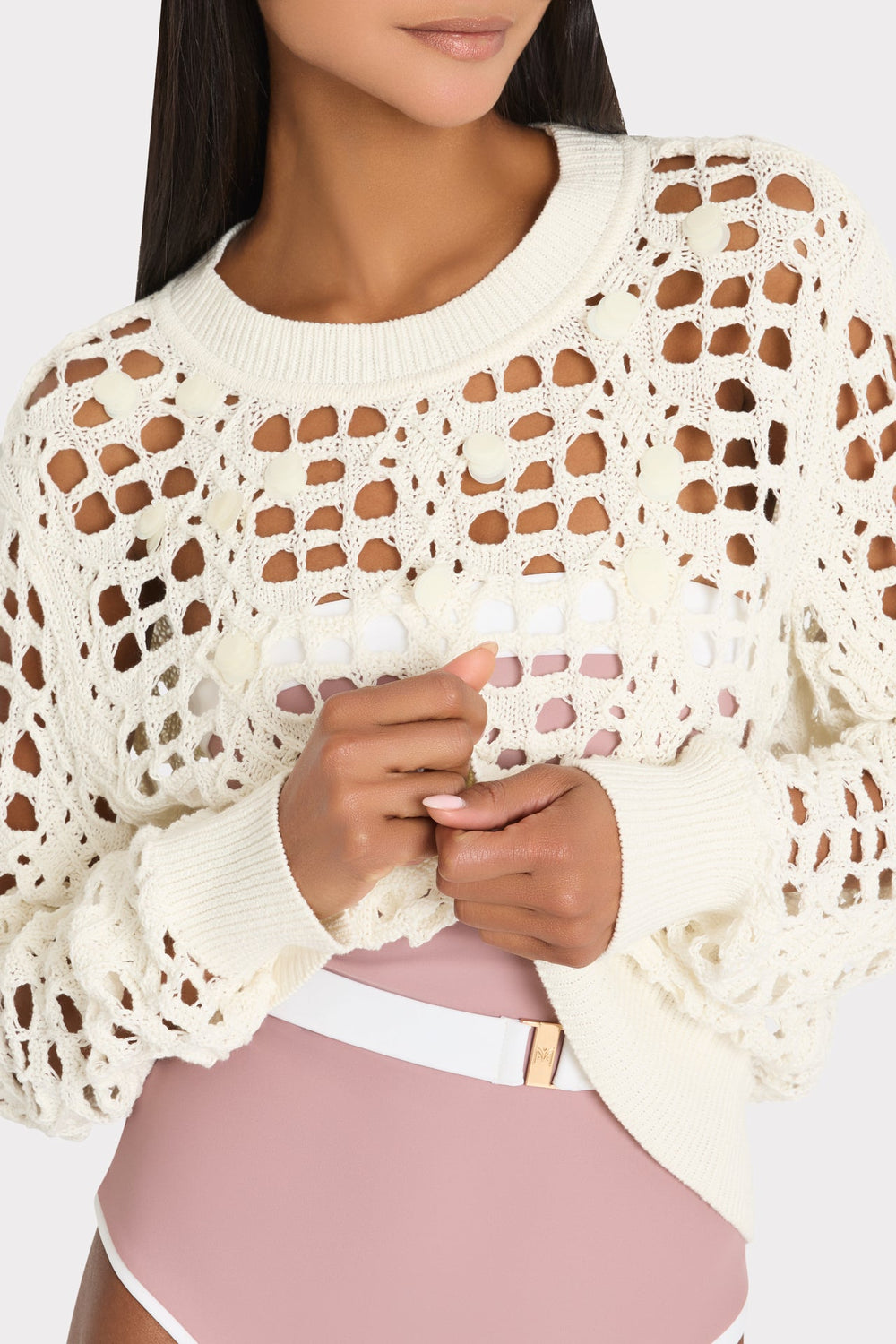 Open Knit Sequin Crewneck Sweater Ecru | Milly Women